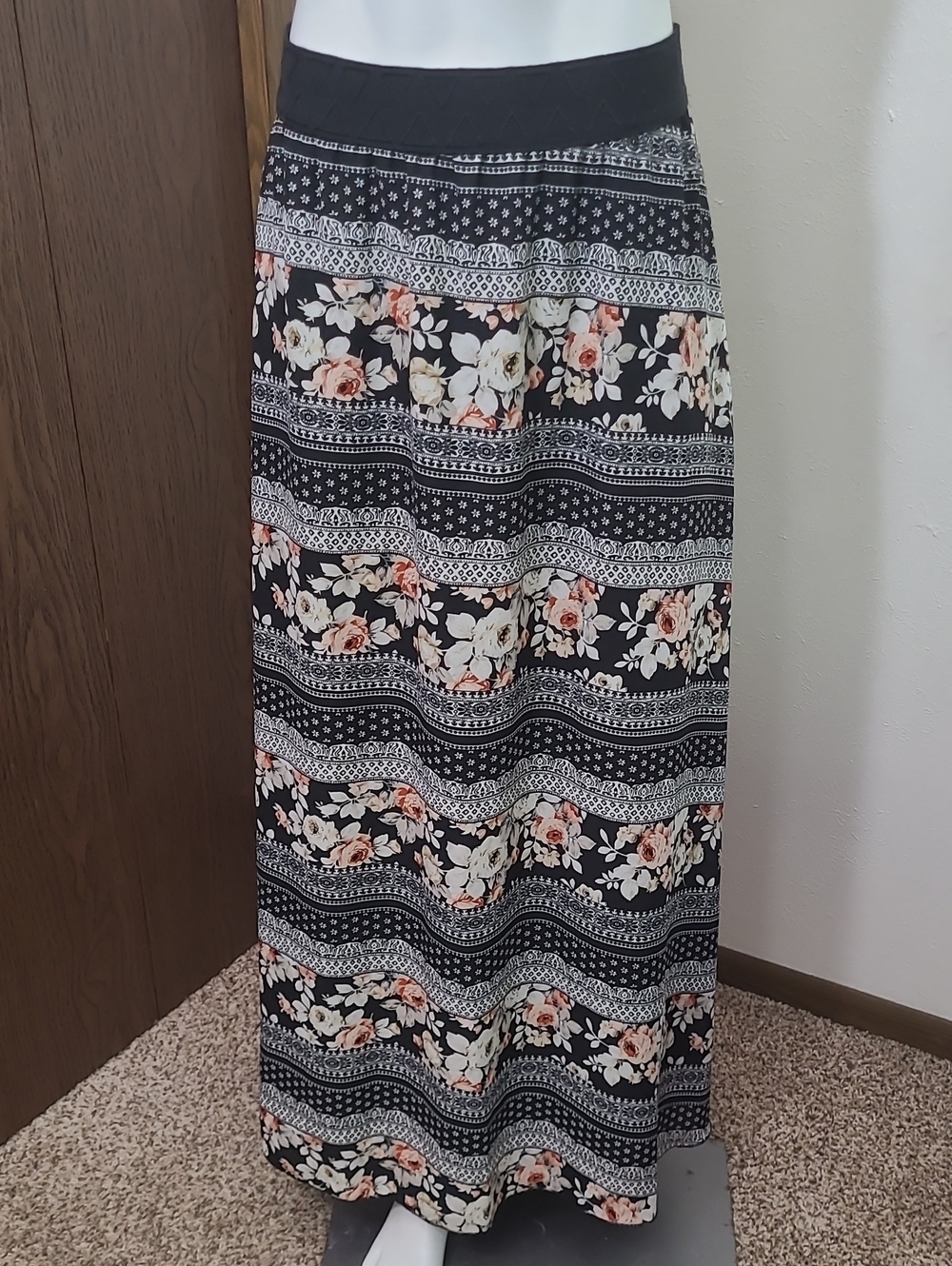 LuLaRoe Black Maxi Skirt with Cream and Pink Floral Stripe Print